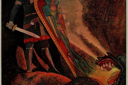 Beowulf face to face with fire-breathing dragon