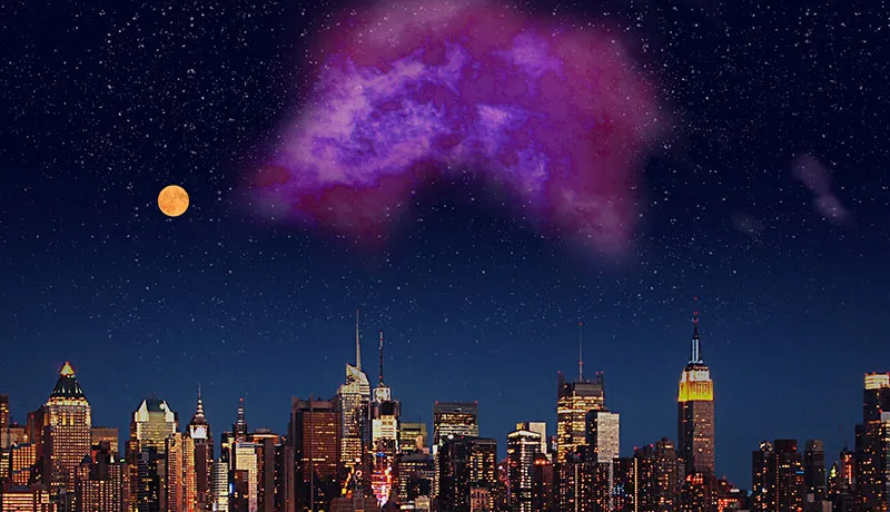 New York City skyline with a large purple cloud visible in the sky beside a bright full moon
