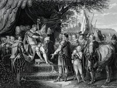 A 19th century engraving of King John signing the Magna Carta
