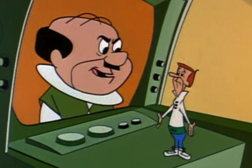 A miniaturized George Jetson talks to his boss Mr. Spacely on a videophone (1963)