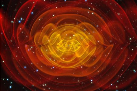 A supercomputer simulation shows the gravitational waves produced as two black holes merge.