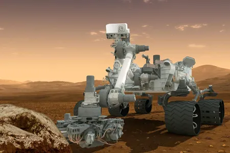 Artist rendering of Curiosity cruising the Martian surface