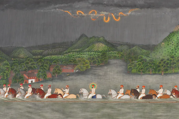 Shivalal, Maharana Fateh Singh Crossing a River During the Monsoon