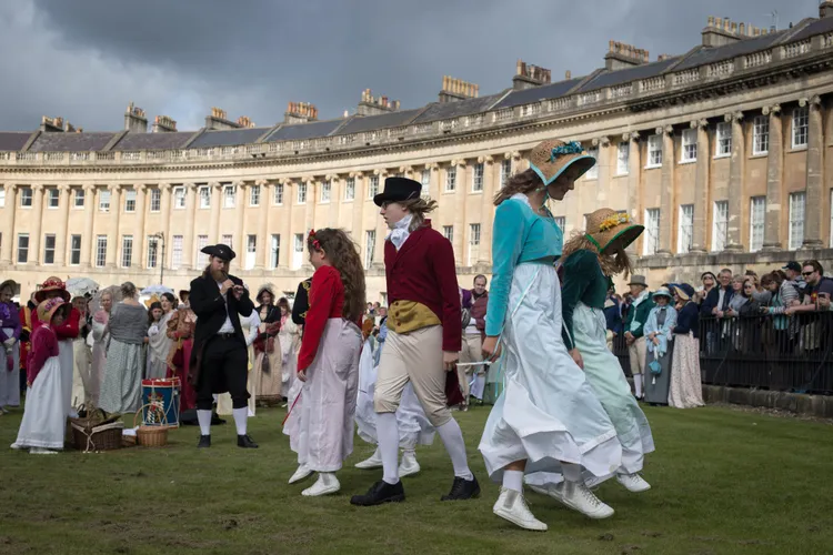 Participants in the Jane Austen Regency Costumed Parade in Bath, England, in 2017