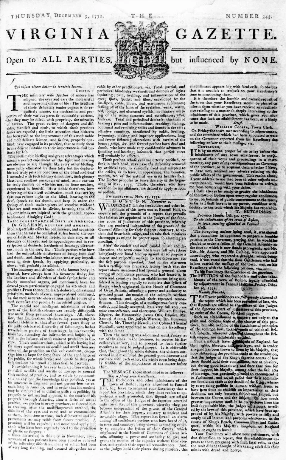 The December 3, 1772, edition of the Rinds' Virginia Gazette