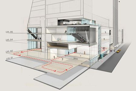 North/south section-perspective through the new gallery spaces at The Museum of Modern Art, looking east along Fifty-third Street.