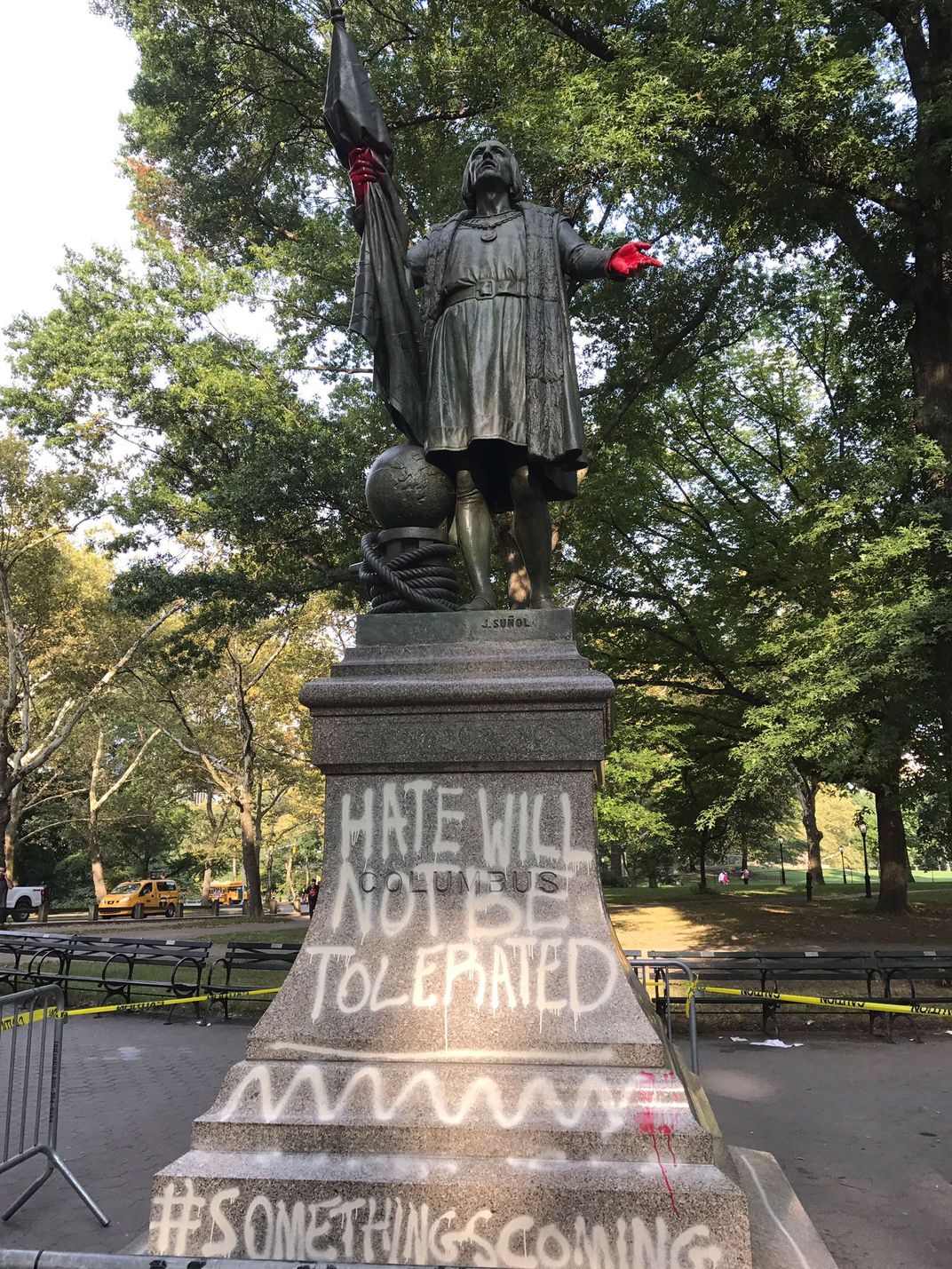 Christopher Columbus Monument Defaced in Central Park