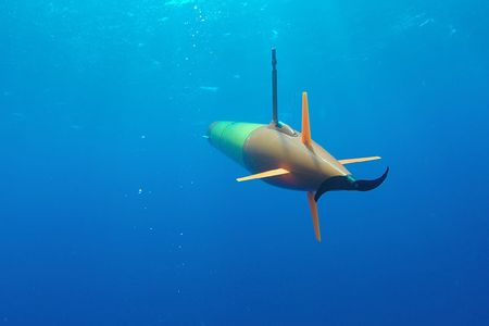 A long-range autonomous underwater vehicle carrying an environmental sample processor cruises beneath the surface during field trials in Hawaii.