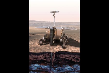 An artist's rendition of the ExoMars rover and its drill.