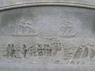 A stone etching on the grave of crewmember Lt. John Irving depicts the dire conditions that the Franklin expedition faced when they reached the Canadian Arctic. 