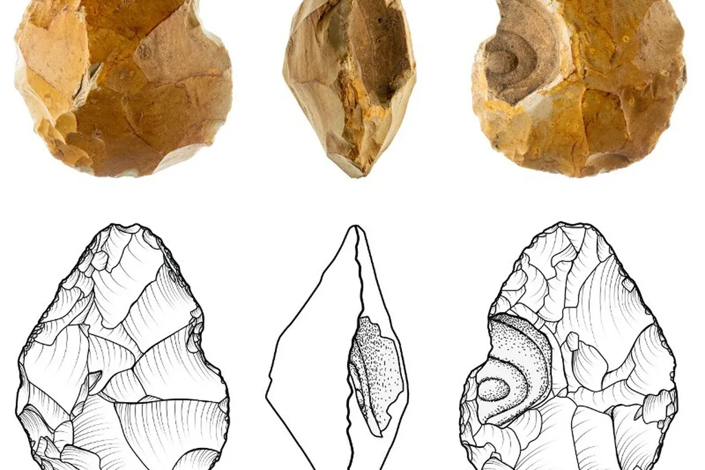 A stone tool seen from all sides, as well as line drawings of the same objects below