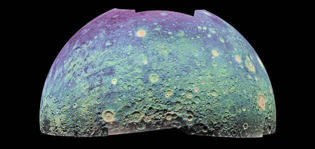 The color-coded mosaic is oriented as if the viewer were hovering directly above the lunar South Pole,which lies at the bottom center. In some areas of the surface, the 70-centimeter wavelength penetrates up to 100 feet.