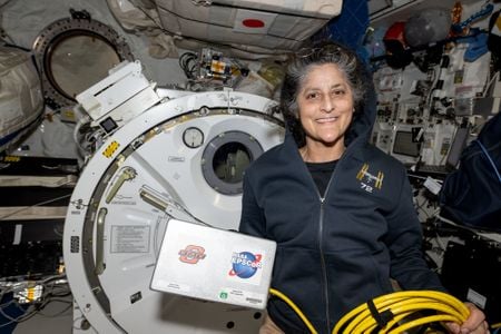 One of the images that triggered rumors about astronaut Suni Williams&#39; health. Here, she displays radiation measurement hardware.