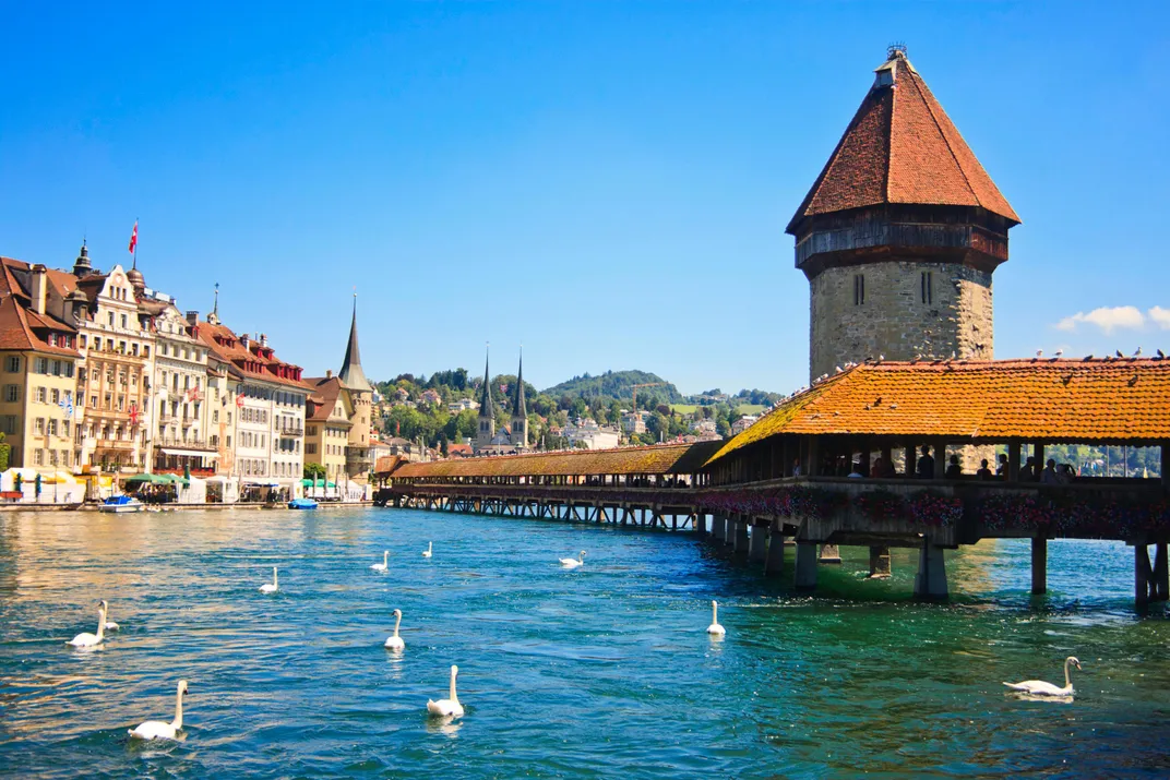 The Swiss town of Lucerne with its famous covered bridge