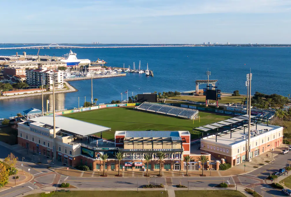 Baseball stadium with water in the background