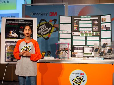 Maanasa Mendu, of Mason, Ohio, presents HARVEST, her prototype renewable energy-gathering device, at the 2016 Young Scientist Challenge.