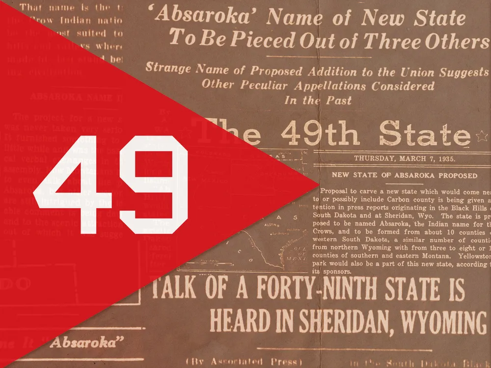 An illustration of Absaroka's proposed flag, overlaid atop newspaper headlines about the movement