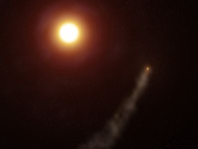 An artist&#39;s impression of the planet orbiting its star with the trail of gas behind it. The planet, called WASP-69b, completes one orbit in less than four days.