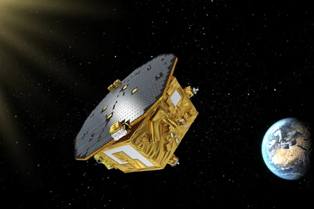 An artist’s conception of the LISA Pathfinder spacecraft in orbit at Lagrange Point 1. 