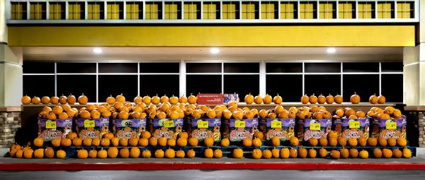 Many pumpkins for sale at our local supermarket. thumbnail