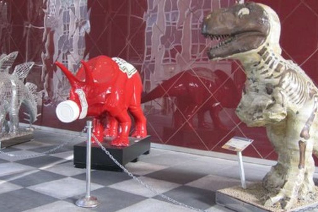A trio of Pittsburgh dinosaurs - from the left, Philiposaurus, Ketchupsaurus, Mr. Dig