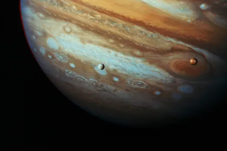 Jupiter with moons Io and Europa as seen by the Voyager I probe