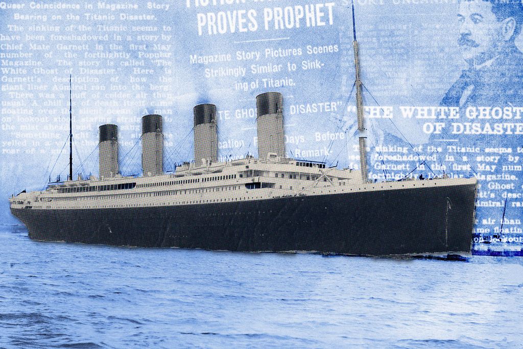 Illustration of the "Titanic," overlaid with headlines about "The White Ghost of Disaster" and a portrait of Thornton Jenkin Hains