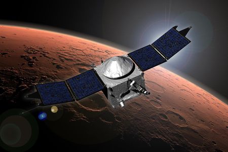 An artist's concept of NASA's Mars Atmosphere and Volatile Evolution (MAVEN) mission at Mars.