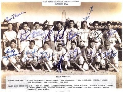 The all-star team from Gila River (Arizona) that played at Heart Mountain (Wyoming). Tetsuo Furukawa is in the top row, fourth from the right. (NMAH)