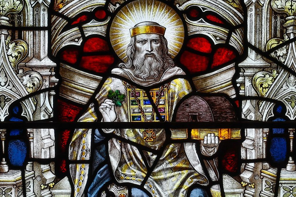 A stained-glass depiction of Saint Patrick