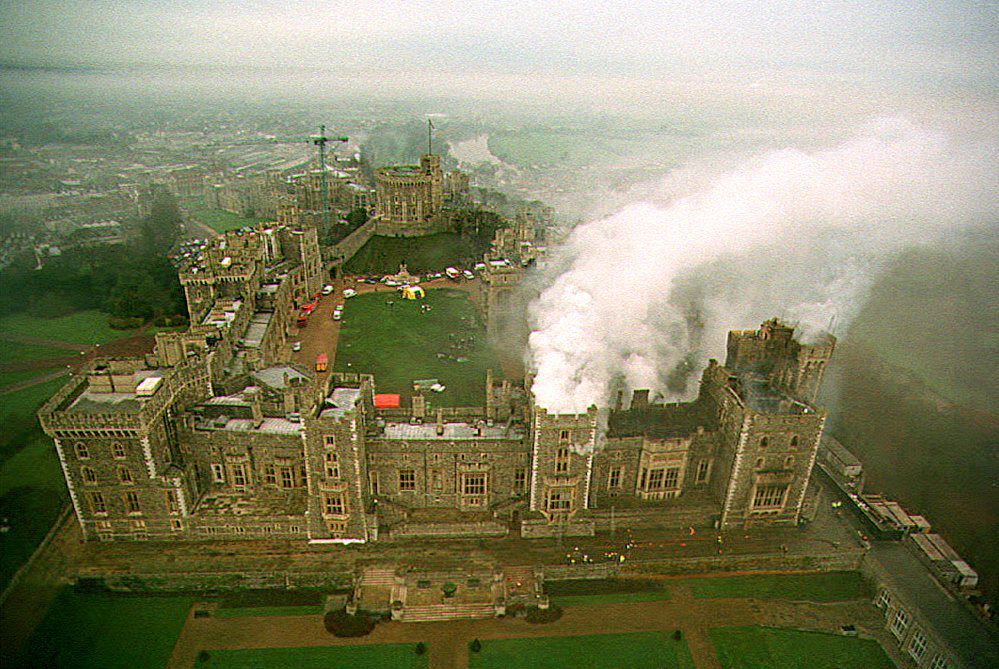 Aerial view of the Windsor Castle fire on the morning of November 21, 1992