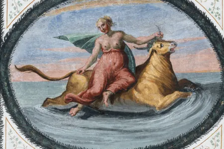 A fresco depicting the abduction of Europa by Zeus, in the form of a bull
