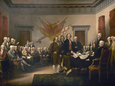 This famous Capitol Hill painting shows the June 28, 1776 moment when the first draft of the Declaration of Independence was brought to the Second Continental Congress. Its painter, John Turnbull, was trying to capture the drama of the moment, but the painting isn't historically accurate.