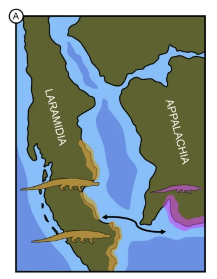 a drawn map of two landmasses—Laramidia on the left and Appalachia on the right—split by the western interior seaway