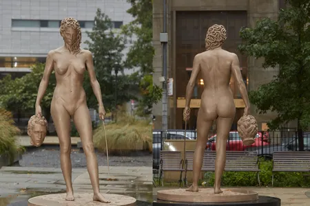 The statue, which stands across from the New York County Criminal Courthouse, inverts the myth of Perseus slaying Medusa.