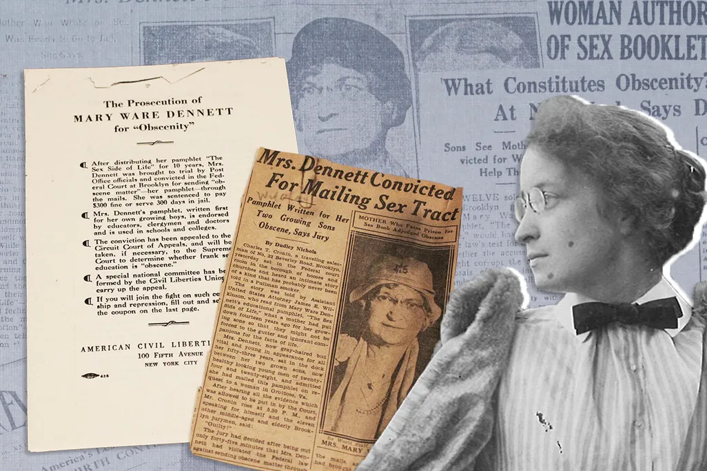 Photo of Mary Ware Dennett overlaid on newspaper headlines about the censorship case