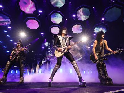 Gene Simmons, Tommy Thayer and Paul Stanley of Kiss perform at Madison Square Garden in New York City on December 2, 2023.

