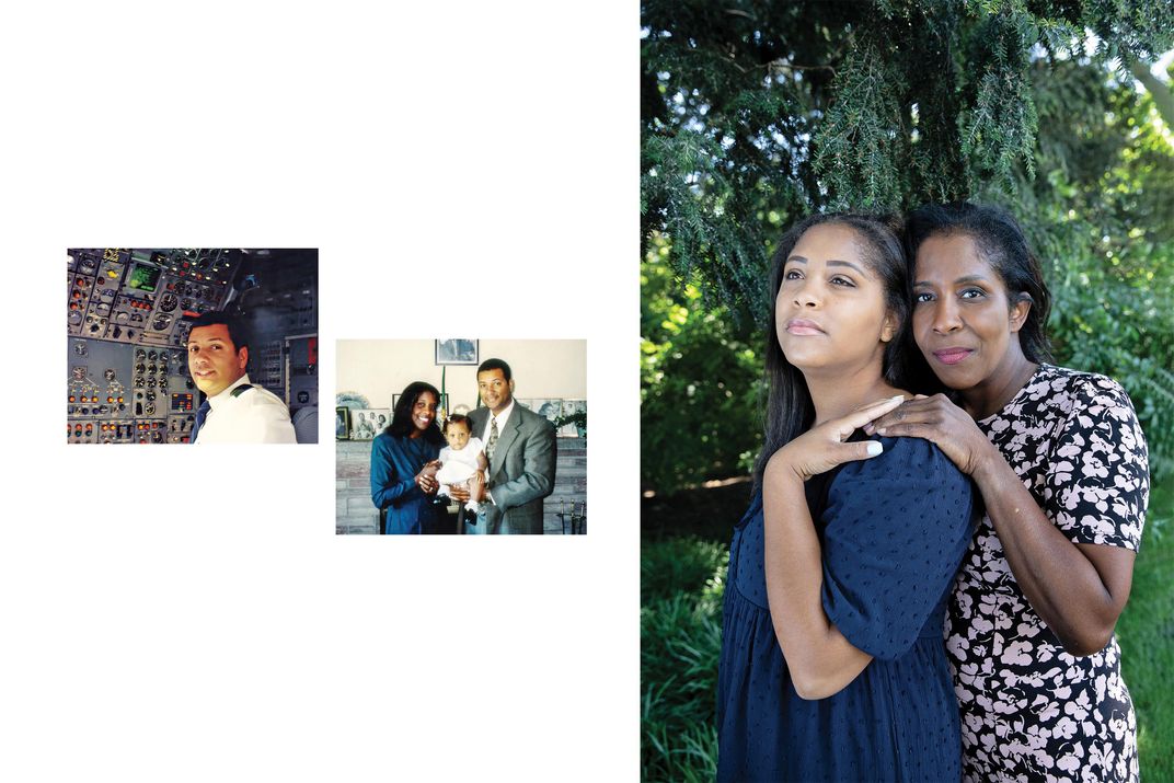 A portrait of a pilot with his family and a portrait of a mother and daughter