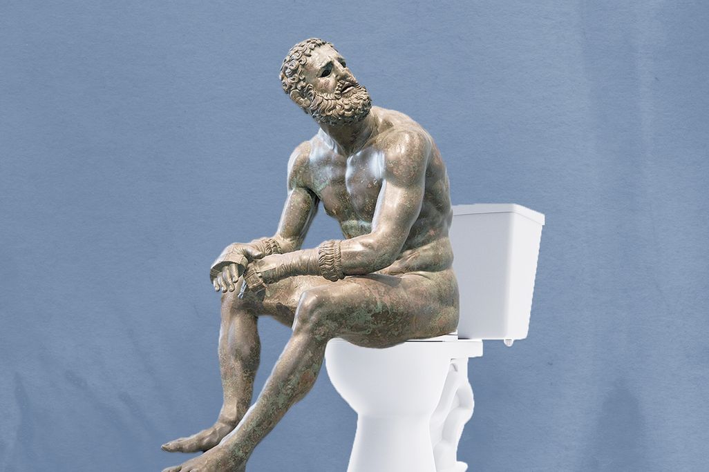 Photo illustration of a sculpted Roman boxer seated on a modern toilet