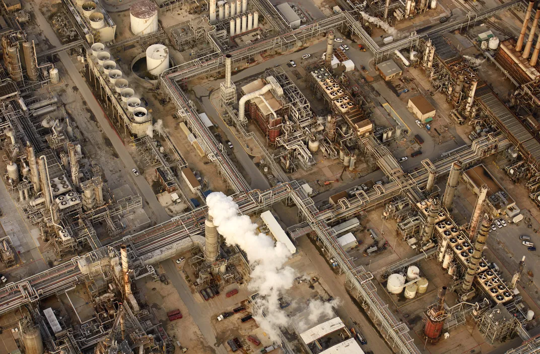 A drone captures an image of a large oil refinery in Houston.