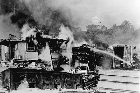 The Bonus Army camp burns within sight of the U.S. Capitol. 