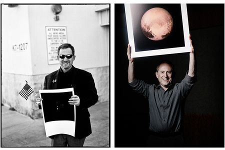 Left: Alan Stern holds a 2005 Hubble image of the Pluto system on January 19, 2006, two hours after the successful launch of the New Horizons probe. Right: A triumphant Stern holds a full-frame image of Pluto, taken just hours before the New Horizons probe reached its closest point to Pluto.