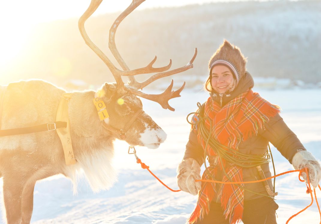 A person in traditional Sámi clothing stands beside a reindeer with large antlers in a snowy, sunlit landscape, holding a rope attached to its harness.