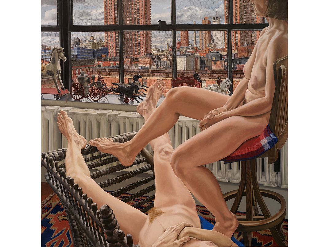 Two Models in a Window with Cast Iron Toys, Philip Pearlstein, 1987