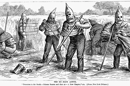 A cartoon from a U.S. newspaper from 1880 reads: 'Terrorism in the South. Citizens beaten and shot at."
