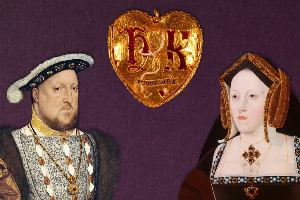 An illustration of Henry VIII and Catherine of Aragon next to a pendant celebrating their love