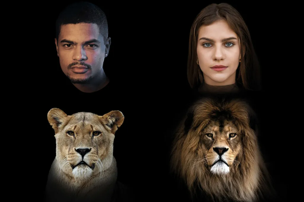 a male face, a female face, a female lion face and a male lion face on a dark background