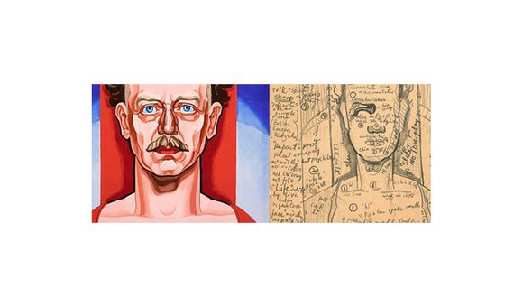 Details from LEFT: Oscar Bluemner, Self-Portrait, 1933, oil on panel, 19 3/4 x 14 3/4 in. Courtesy Crystal Bridges Museum of American Art, Bentonville, Arkansas. Photography by Edward C. Robison III. RIGHT: Oscar Bluemner. Oscar Bluemner. Notes for self-portrait from painting diary, 1933. Oscar Blumner papers, 1886-1939. Archives of American Art, Smithsonian Institution.