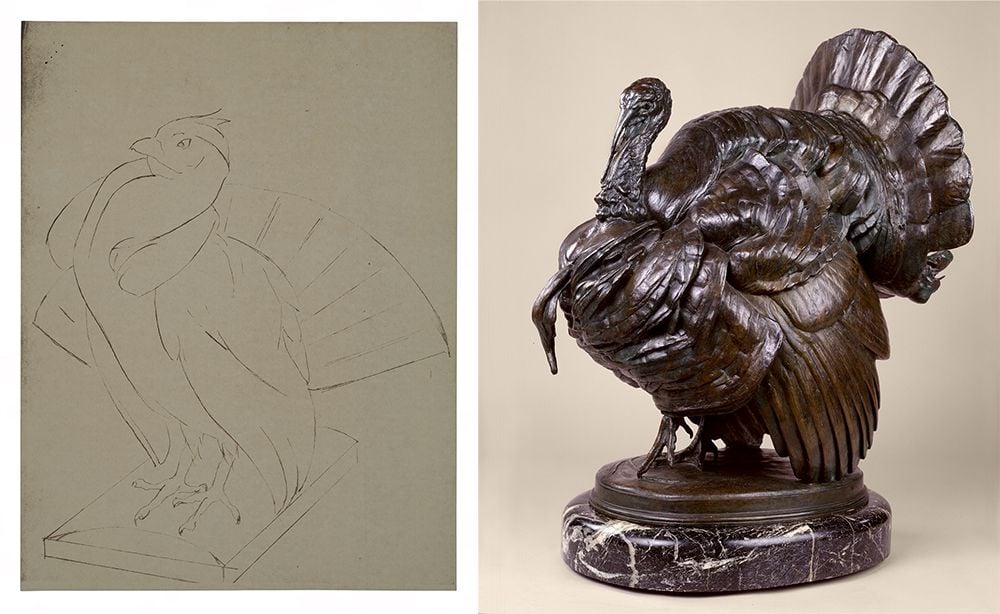 Albert Laessle's sketch and bronze sculpture of a turkey. 