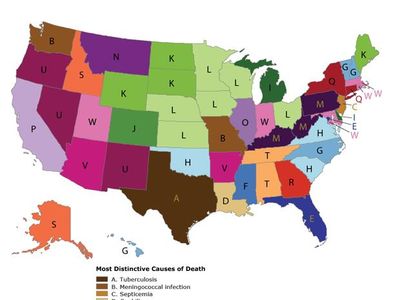 A map highlights the most common unique cause of death in each state